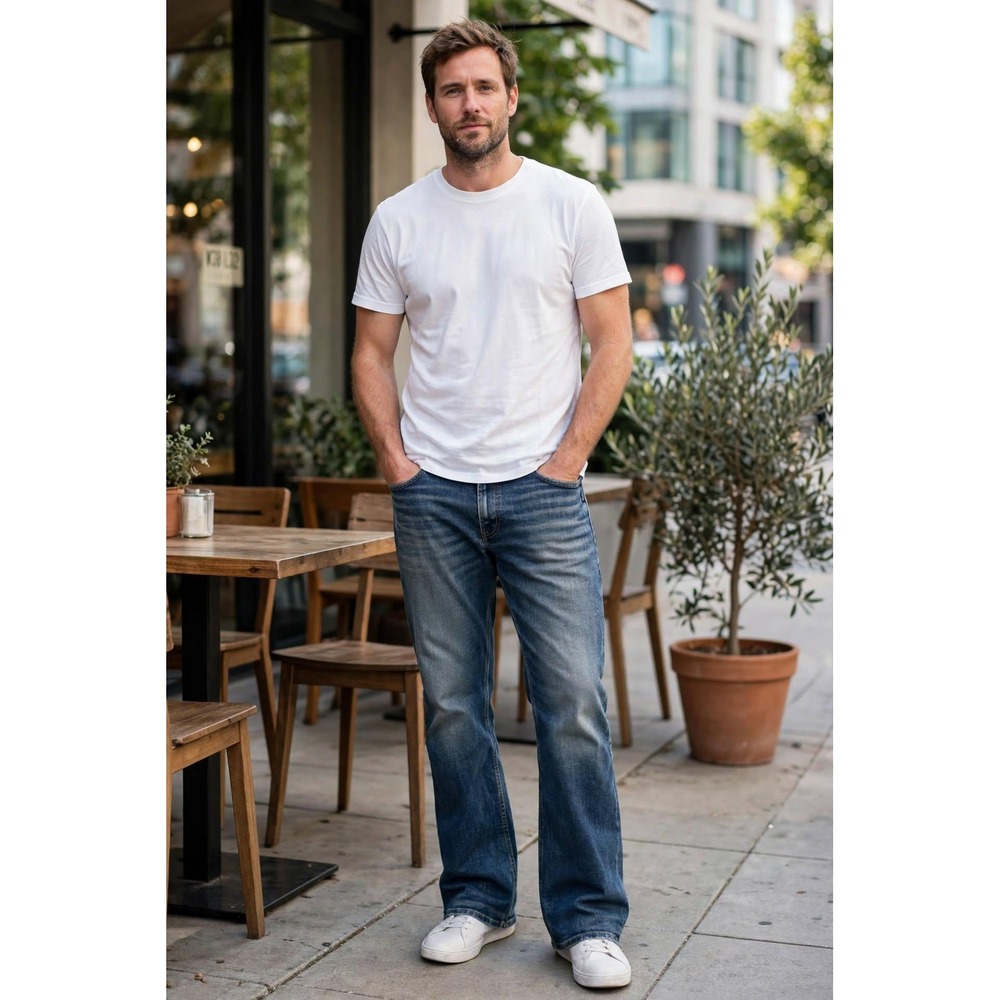 Silver Jeans Co Mens W38xL32 Bootcut Loose Fit Faded Blue Whisker Jeans